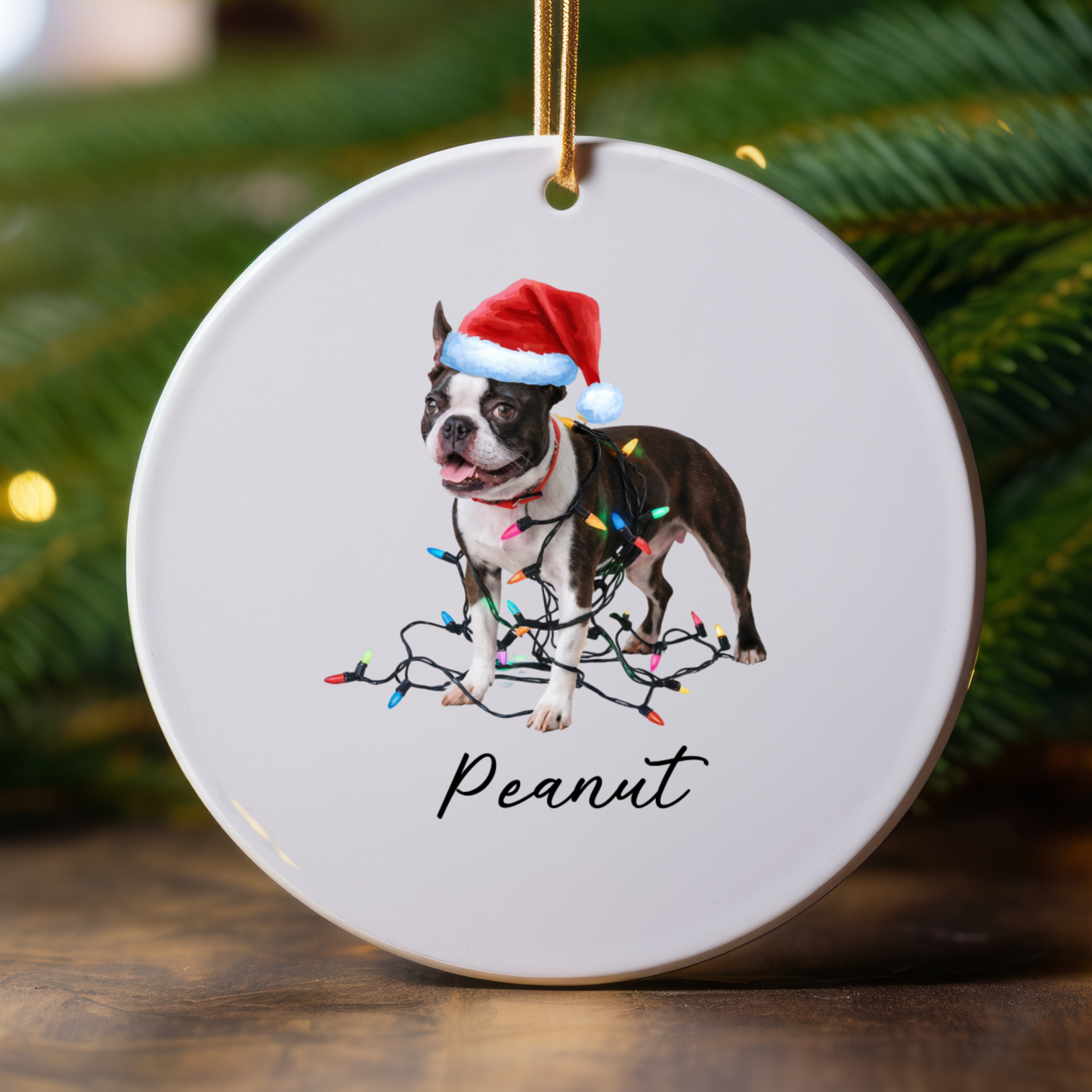Personalized Boston Terrier Christmas Ornament, Ceramic Dog Lover Gift, Festive Lights Tree Decor