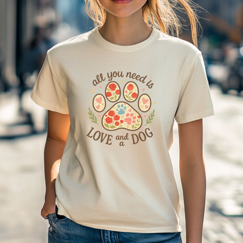 All You Need Is Love and a Dog Floral Paw Print T-Shirt – Cute Gift for Dog Lovers