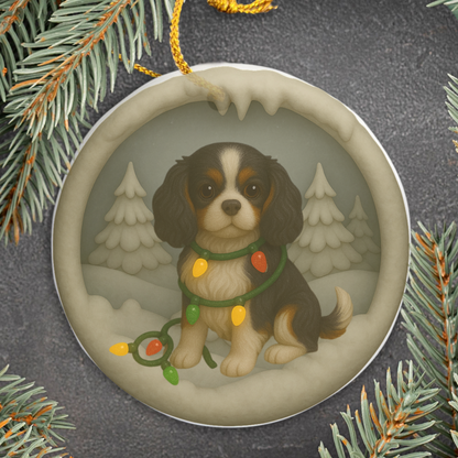 Personalized Tricolor Cavalier King Charles Spaniel Christmas Ornament, 3D Clay-Style Dog Keepsake with Lights