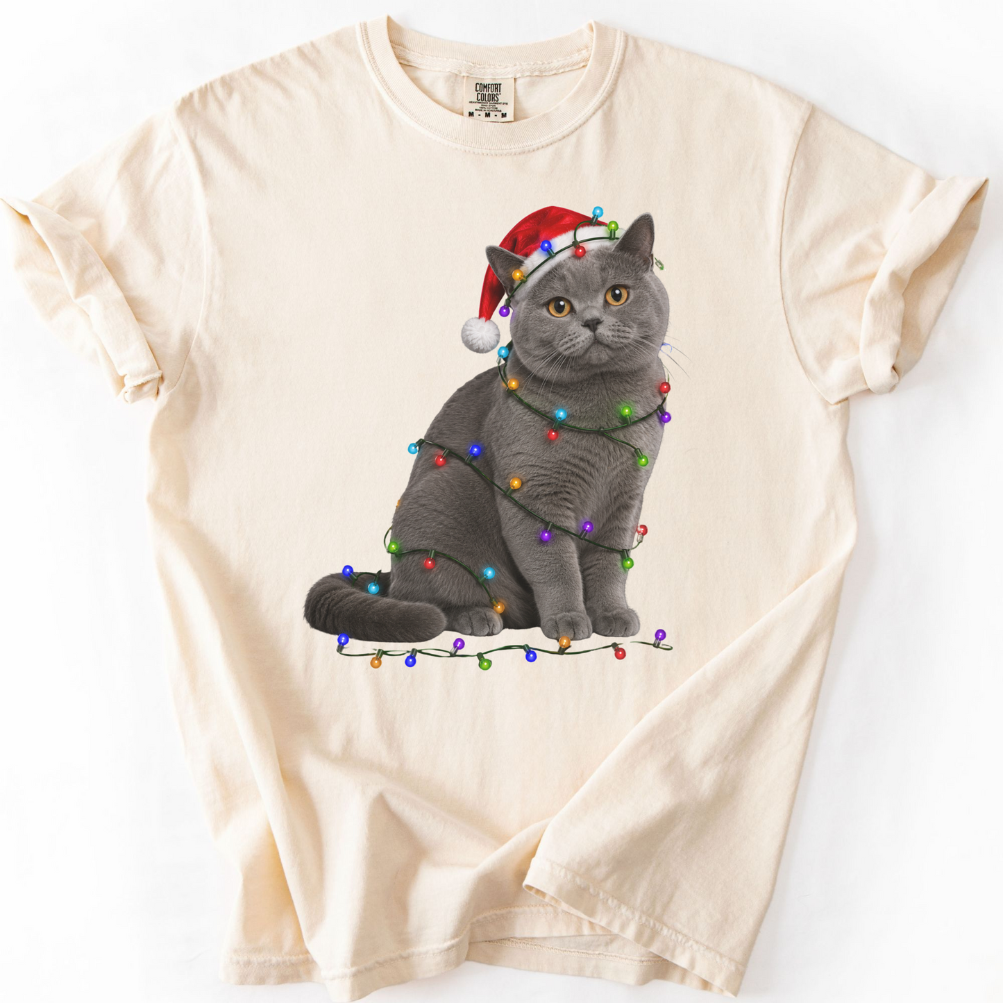 British Shorthair Christmas Lights Shirt, Comfort Colors Holiday Cat Lover Tee