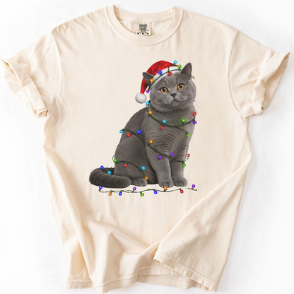 British Shorthair Christmas Lights Shirt, Comfort Colors Holiday Cat Lover Tee