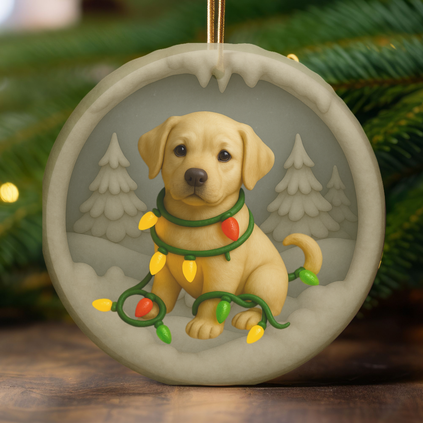 Personalized Yellow Lab Christmas Ornament, Custom Labrador Retriever with Holiday Lights Keepsake