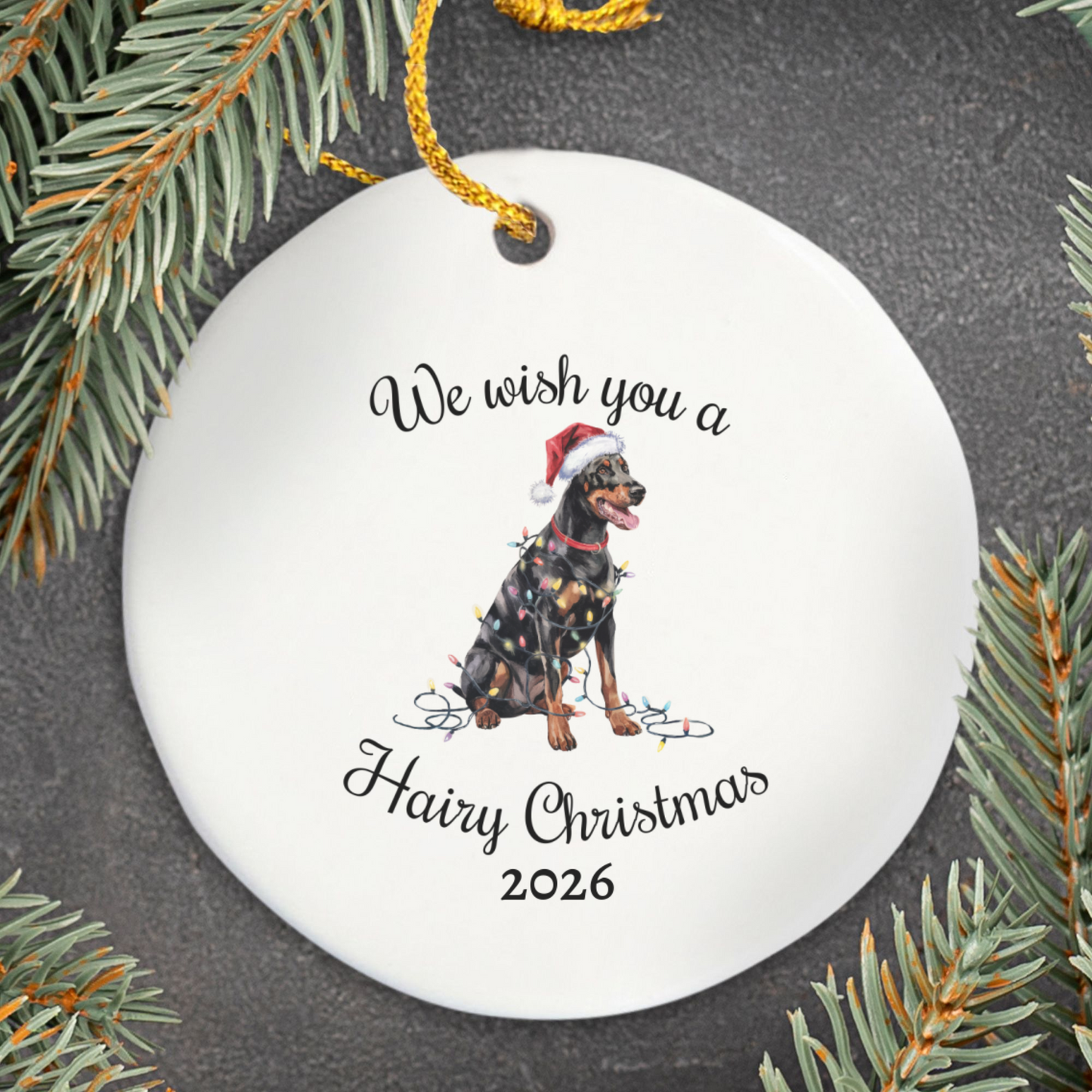 Christmas Doberman Ornament, Christmas Lights Dog Keepsake