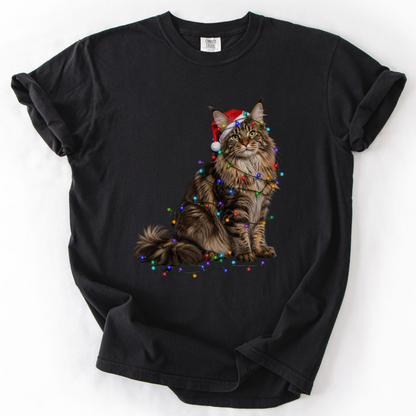 Maine Coon Christmas Lights Shirt, Comfort Colors Holiday Cat Lover Tee