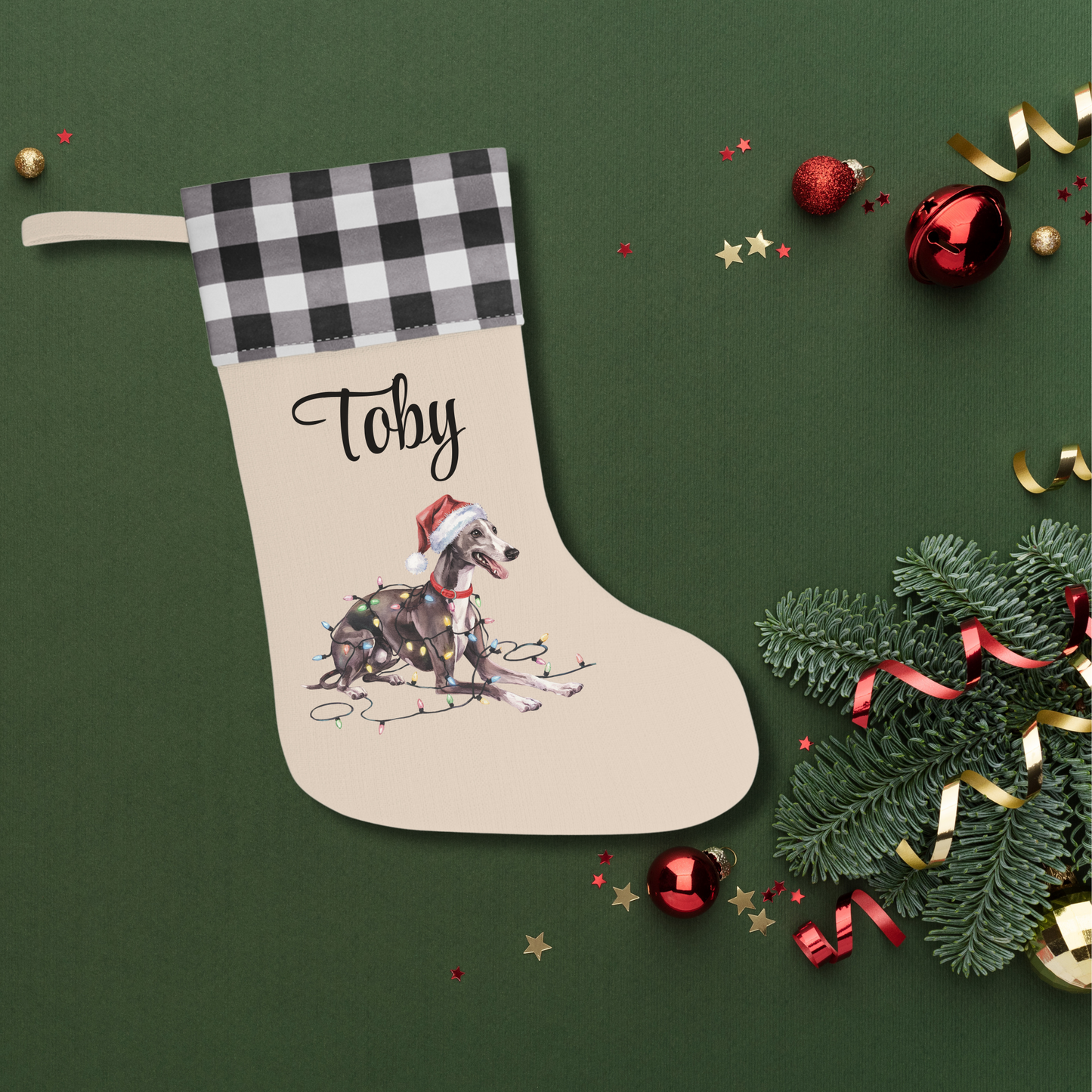 Personalized Greyhound Christmas Stocking, Holiday Decor Gift for Pet Lovers