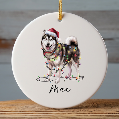 Personalized Alaskan Malamute Christmas Ornament, Dog Name Decor, Ceramic Pet Gift