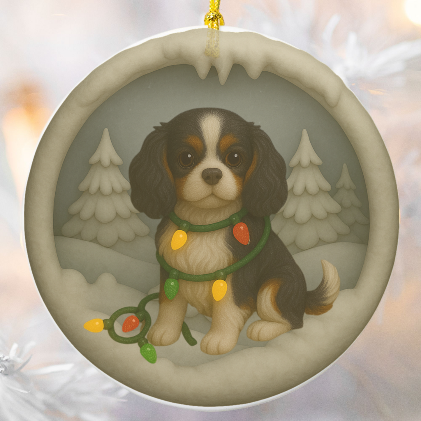 Personalized Tricolor Cavalier King Charles Spaniel Christmas 3D Clay-Style Ornament