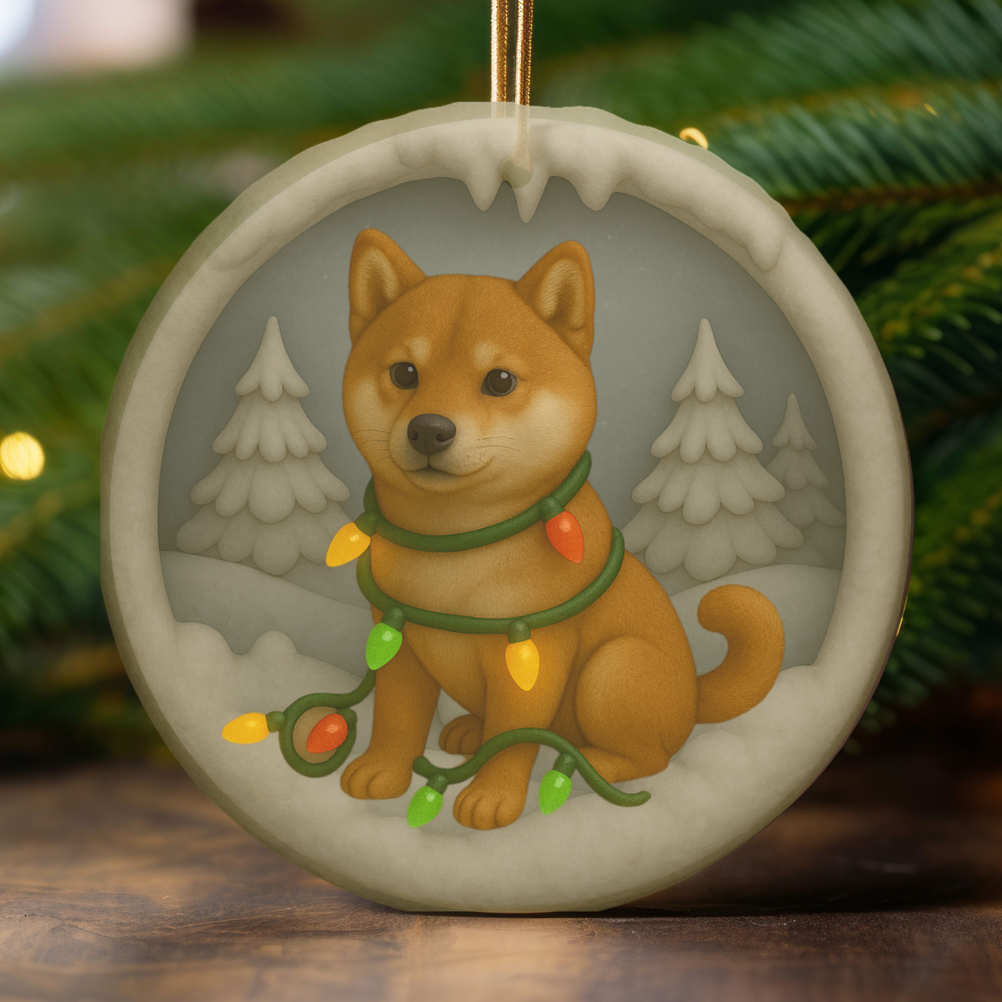 Personalized Red Shiba Inu Christmas Ornament, 3D Clay-Style Dog Keepsake with Lights