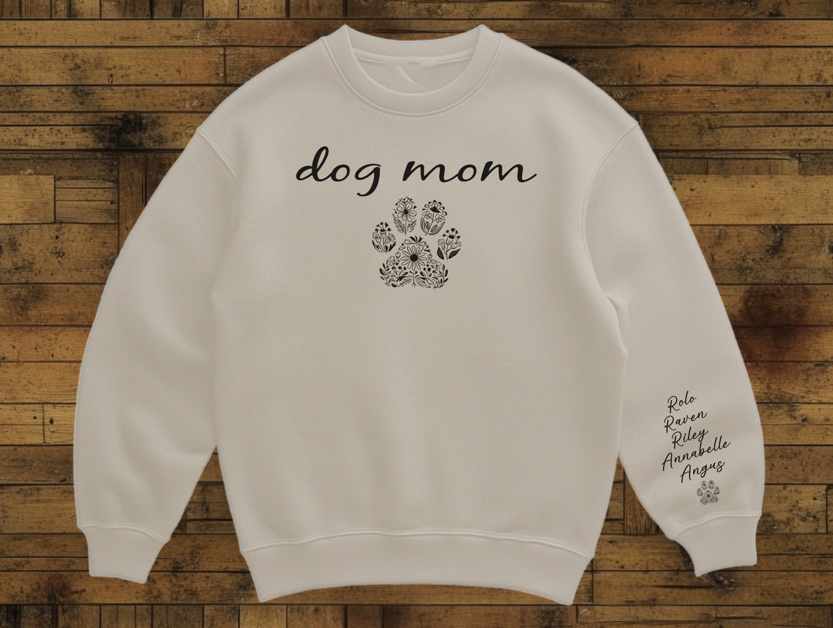 Personalized Dog Mom Sweatshirt with Custom Pet Names with Paw Print Cozy Gift for Dog Lovers and Pet Parents
