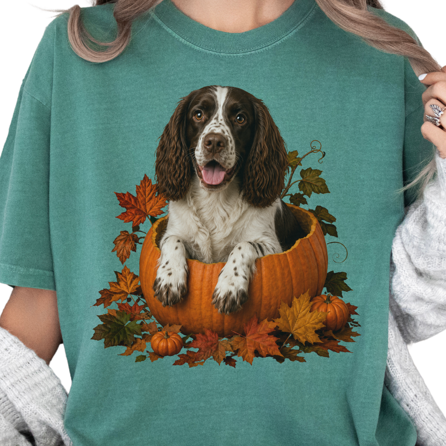 English Springer Spaniel in Pumpkin Fall Shirt, Cute Autumn Dog Tee for Spaniel Lovers