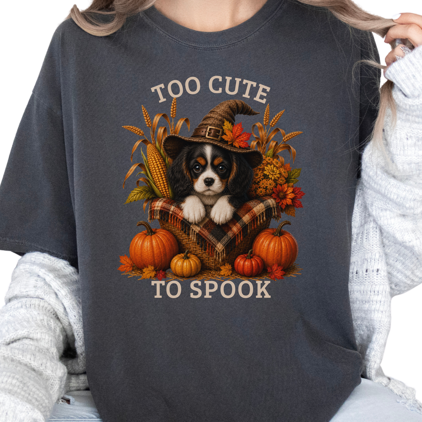 Tricolor Cavalier Halloween Shirt, Too Cute To Spook Fall Dog Lover Tee