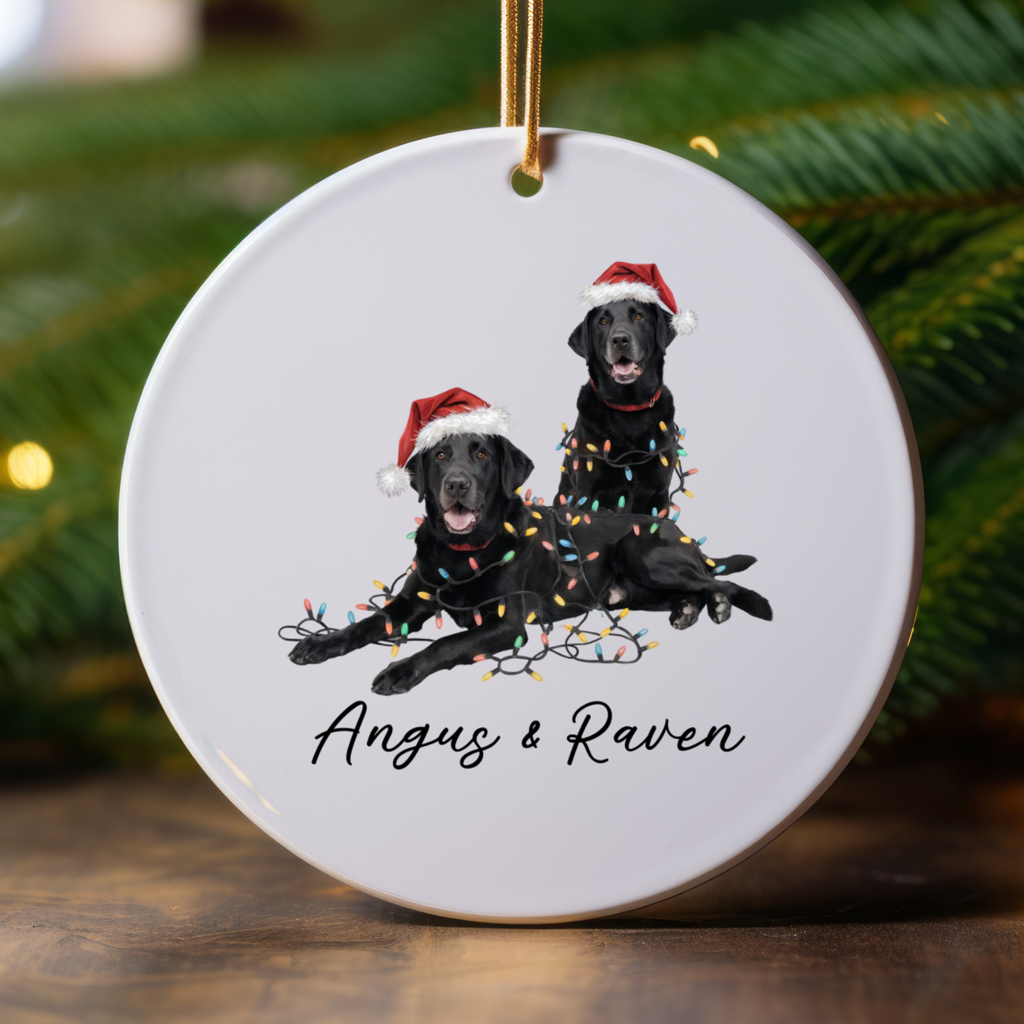 Personalized Black Lab Christmas Ornament: Festive Dog Duo with Lights, Ceramic Keepsake