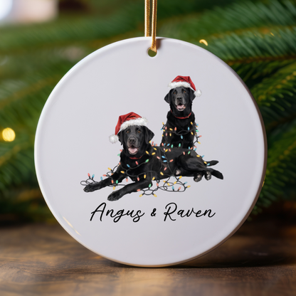 Personalized Black Lab Christmas Ornament: Festive Dog Duo with Lights, Ceramic Keepsake