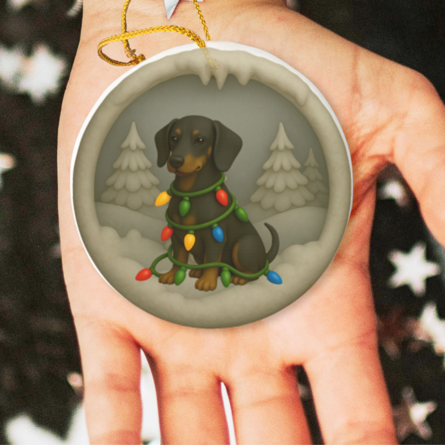 Personalized Black & Tan Dachshund Christmas Ornament, 3D Clay-Style Dog Keepsake with Lights