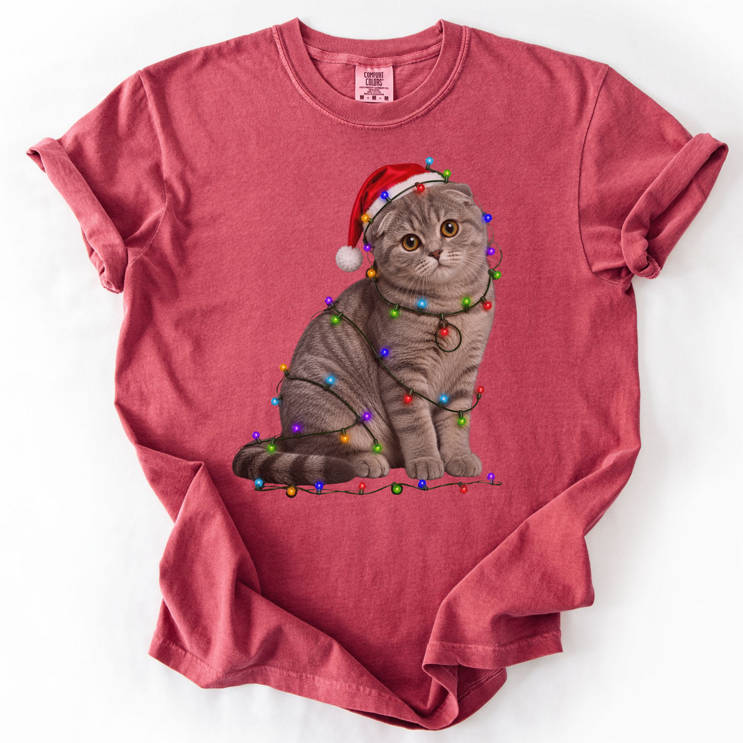 Scottish Fold Christmas Lights Shirt, Comfort Colors Holiday Cat Lover Tee