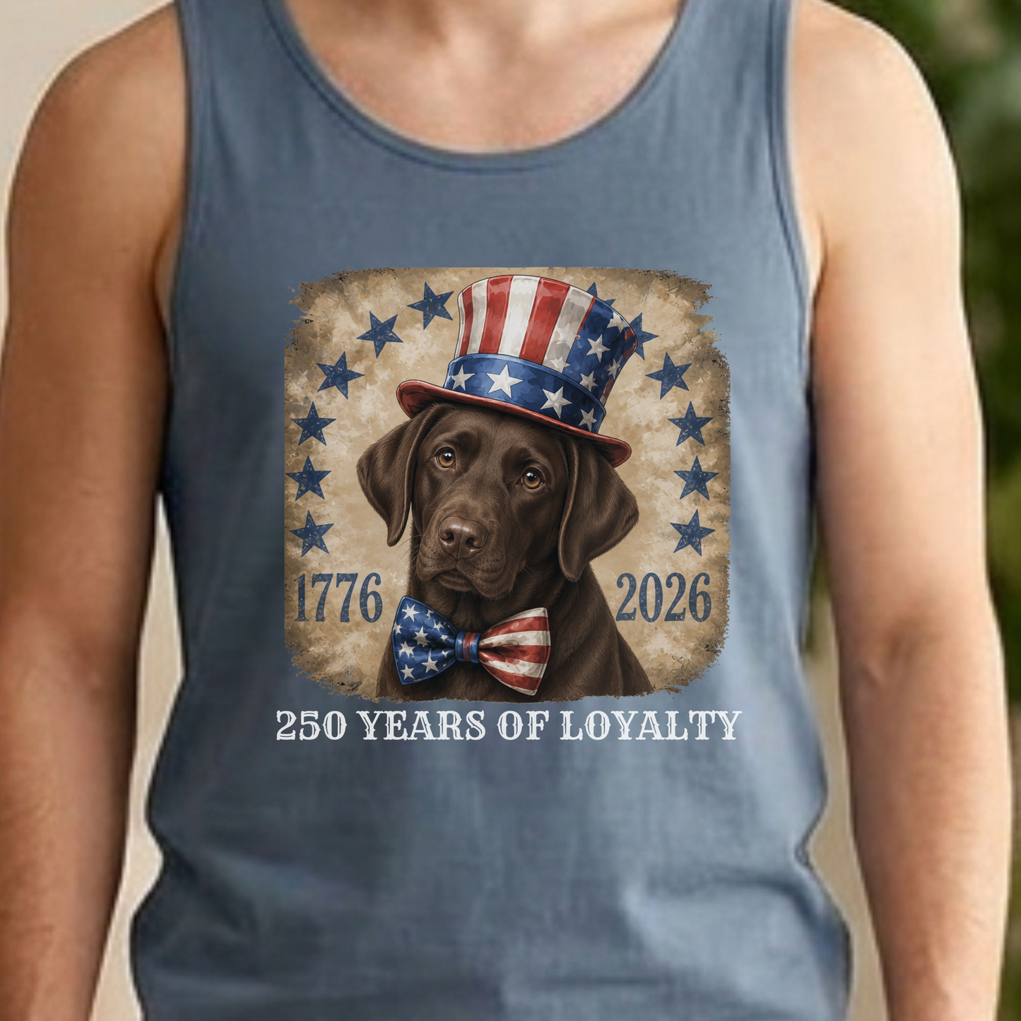 Chocolate Lab Patriotic Tank Top, 250 Years of Loyalty