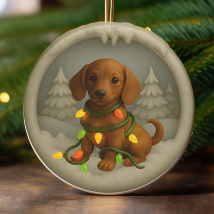 Personalized Red Dachshund Christmas Ornament, 3D Clay-Style Dog Keepsake with Lights