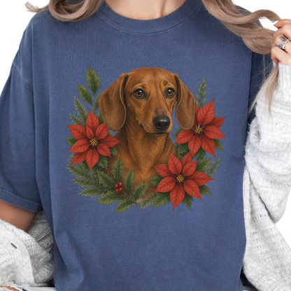Red Dachshund Christmas Shirt, Poinsettia Doxie Mom Holiday Tee