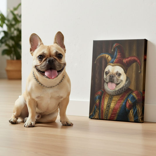 Personalized Jester Dog Portrait, Custom Renaissance Pet Art Canvas