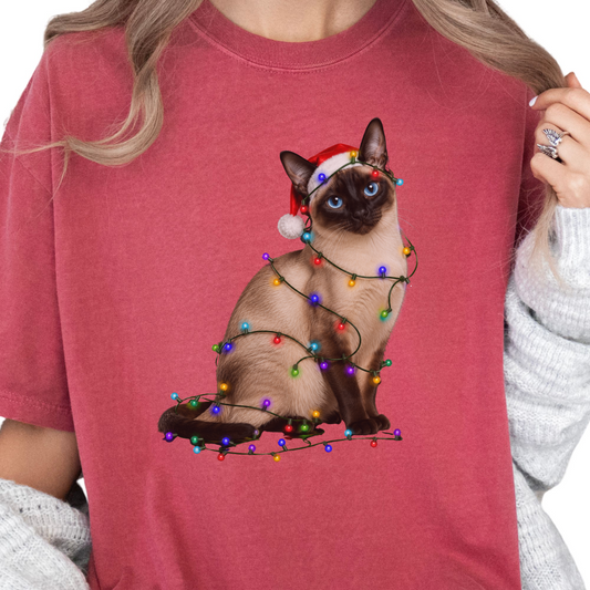 Siamese Cat Christmas Lights Shirt, Comfort Colors Holiday Cat Lover Tee