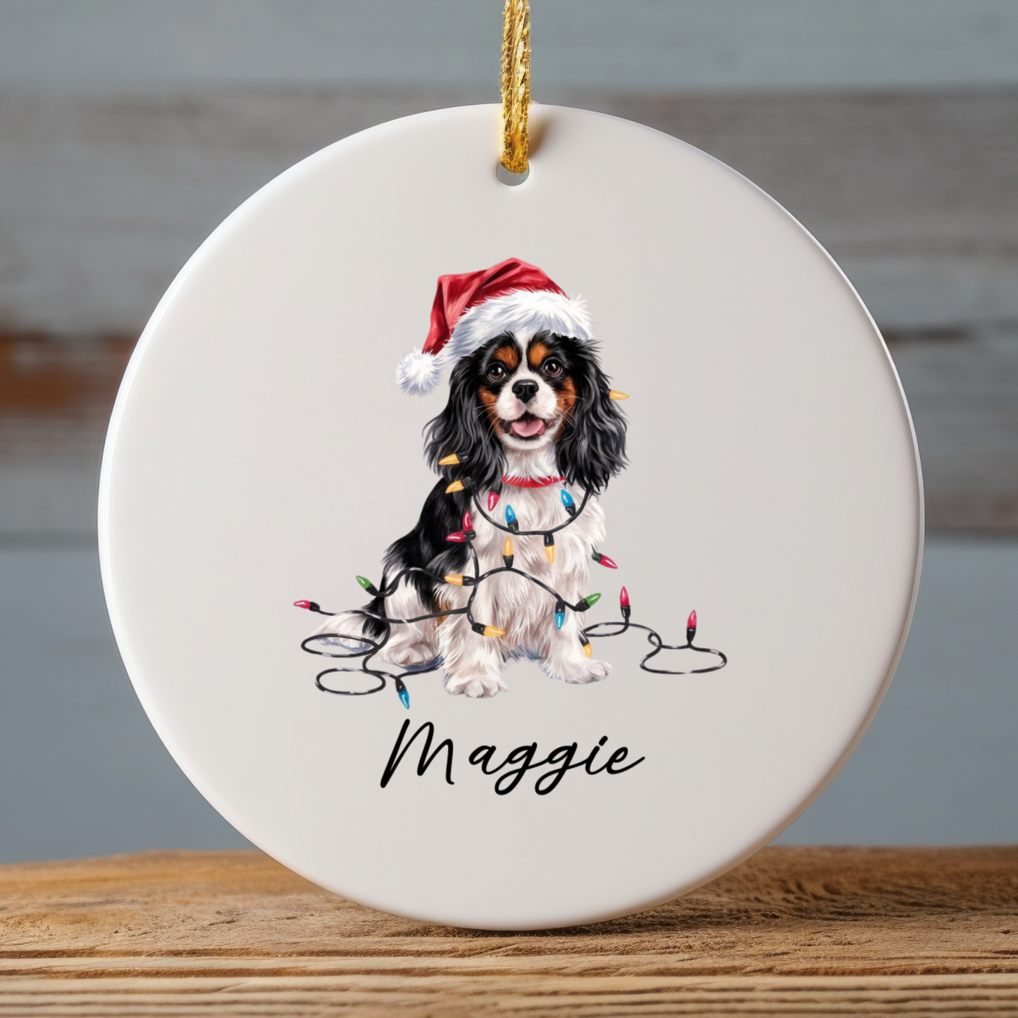 Personalized Tricolor Cavalier King Charles Spaniel Christmas Ornament, Ceramic Dog Lover Gift