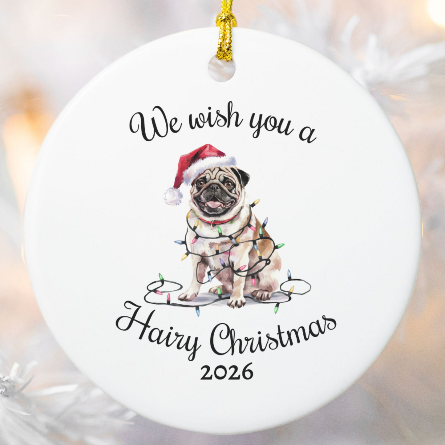 Christmas Tan Pug Ornament, Pug Mom, Christmas Lights Dog Keepsake