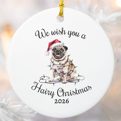 Christmas Tan Pug Ornament, Pug Mom, Christmas Lights Dog Keepsake