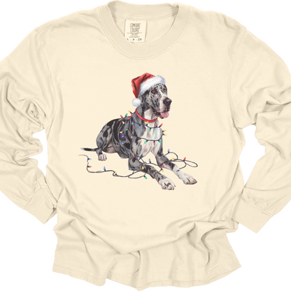 Great Dane Christmas Lights Long Sleeve Shirt, Dog Lover Holiday Top