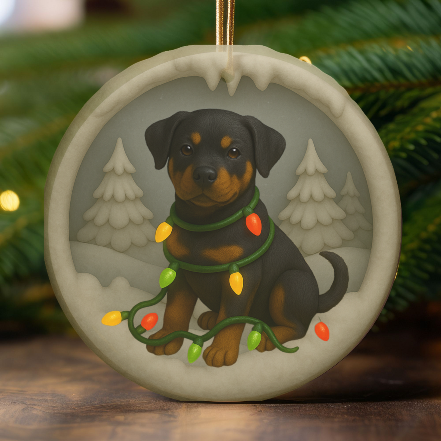 Personalized Rottweiler Christmas Ornament, 3D Clay-Style Dog Keepsake with Lights