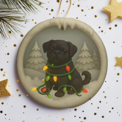 Personalized Black Pug Christmas Ornament, 3D Clay-Style Dog Keepsake with Lights