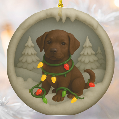 Personalized Chocolate Lab Christmas Ornament, Custom Labrador Retriever with Holiday Lights Keepsake