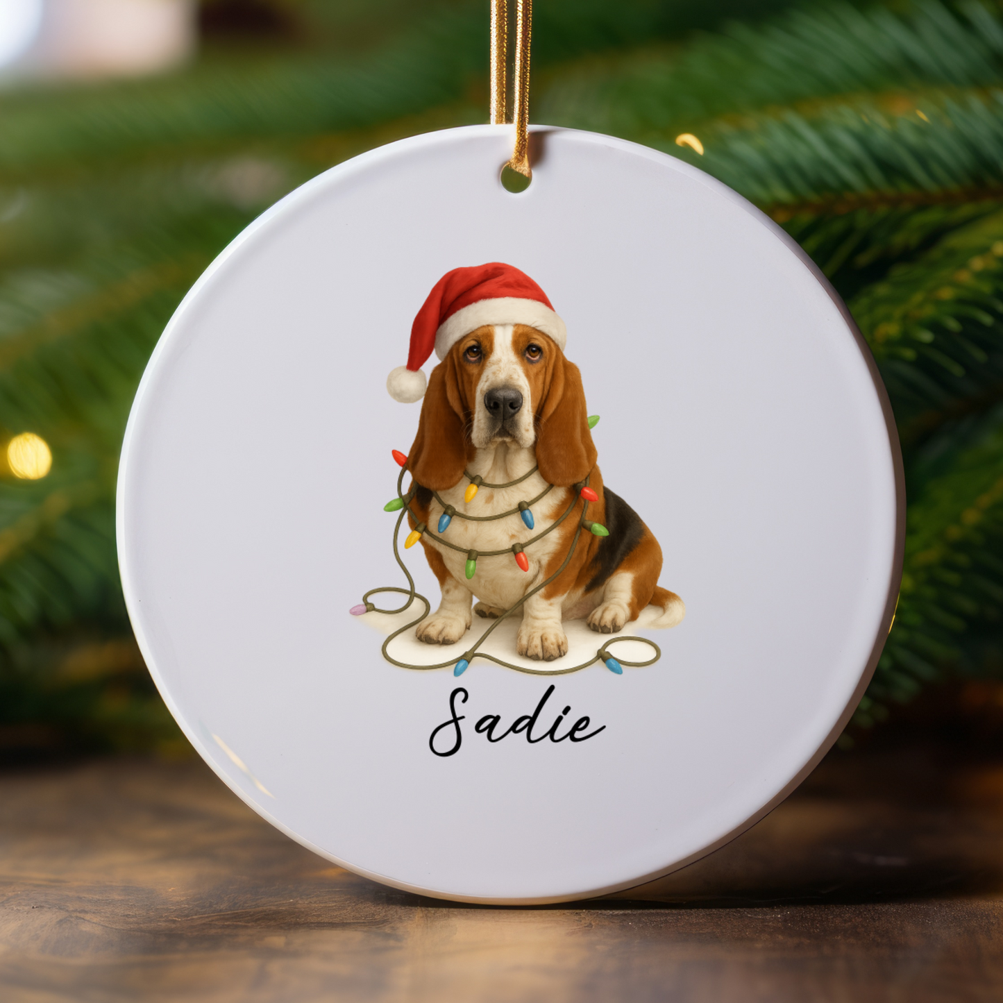 Personalized Basset Hound Christmas Ornament, Ceramic Dog Decor, Santa Hat Lights Keepsake