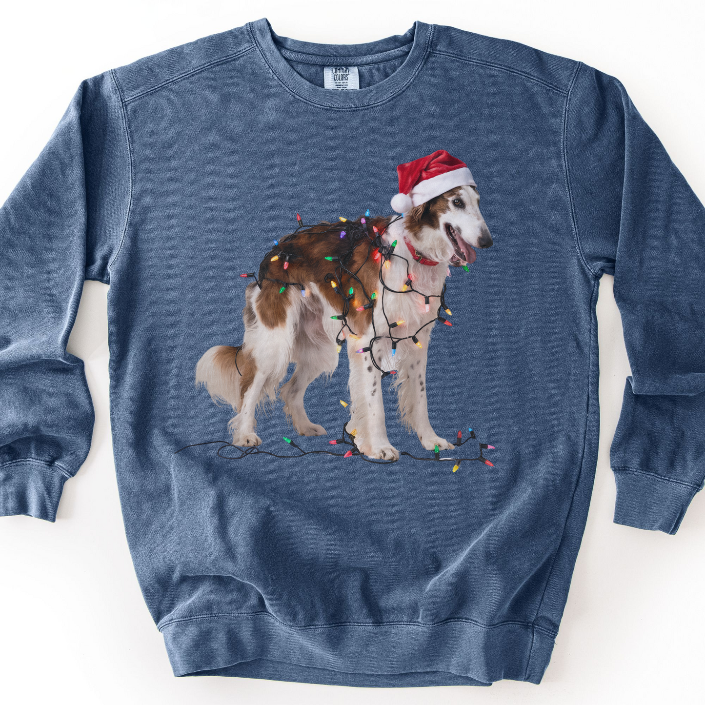 Christmas Borzoi Sweatshirt, Dog Wrapped in Lights, Festive Dog Lover Apparel