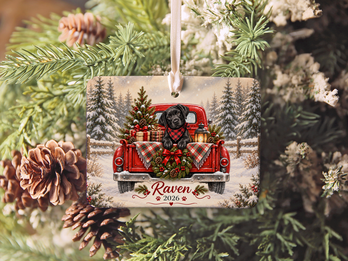 Personalized Black Lab Red Truck Ornament