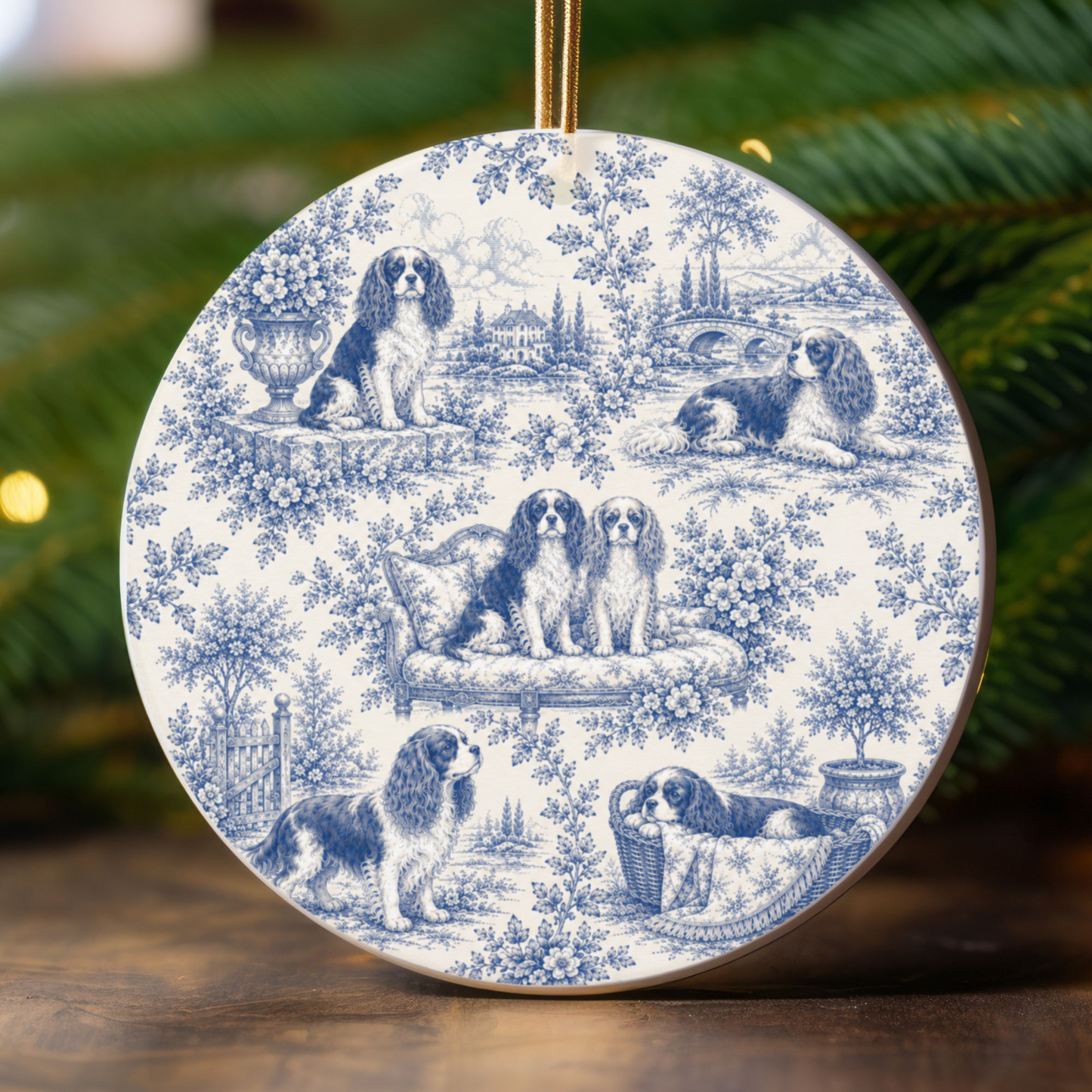 Cavalier French Blue Toile Dog Ornament