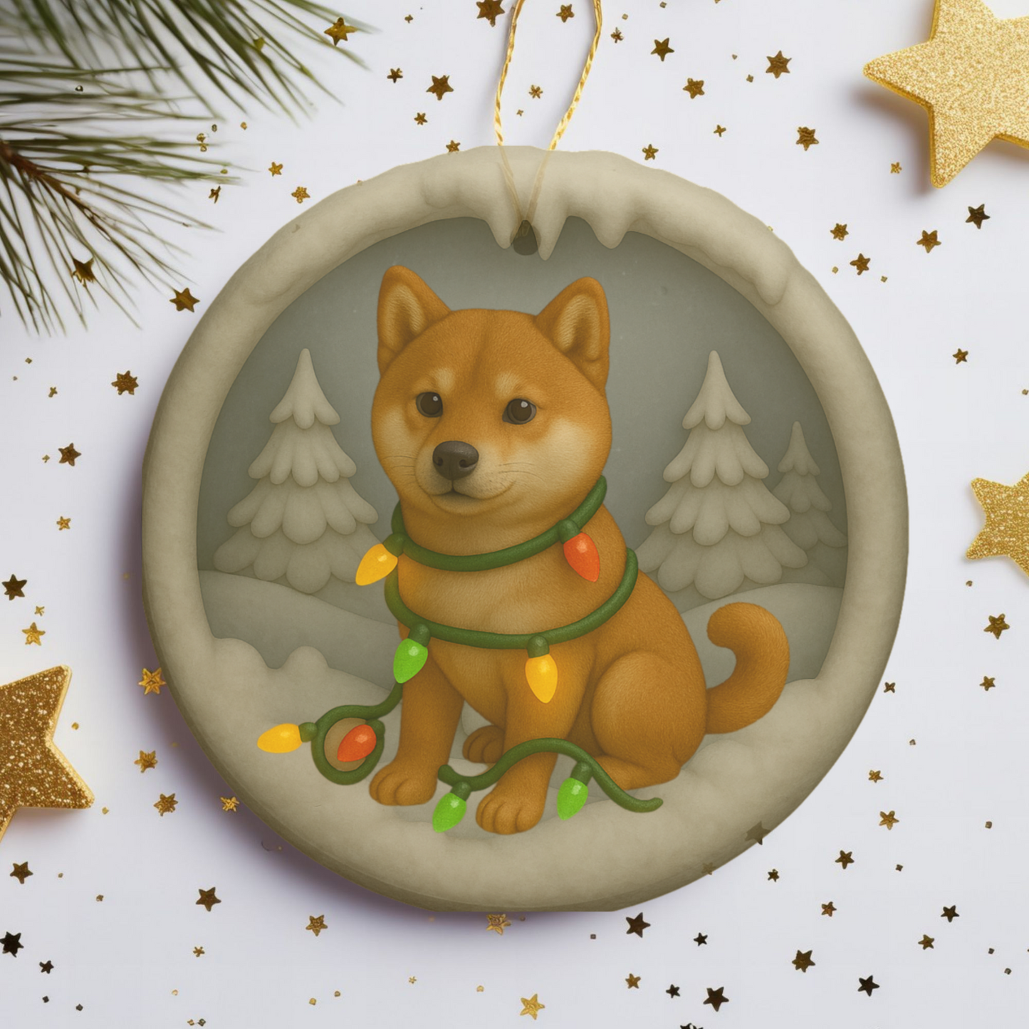 Personalized Red Shiba Inu Christmas Ornament, 3D Clay-Style Dog Keepsake with Lights