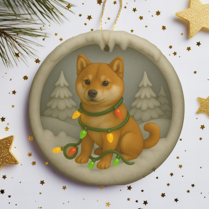 Personalized Red Shiba Inu Christmas Ornament, 3D Clay-Style Dog Keepsake with Lights