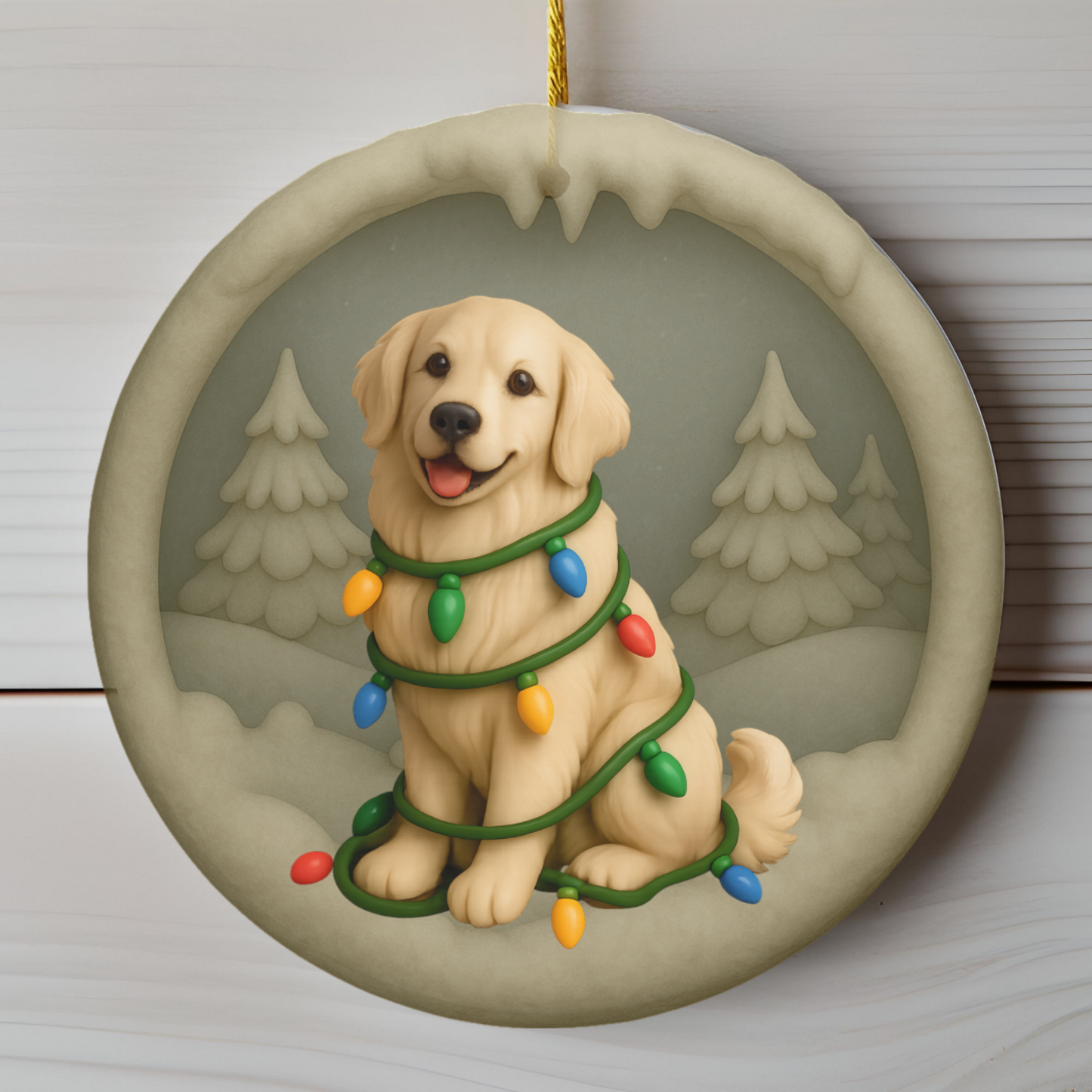 Personalized English Cream Golden Retriever Christmas Ornament, Custom Golden with Holiday Lights Keepsake