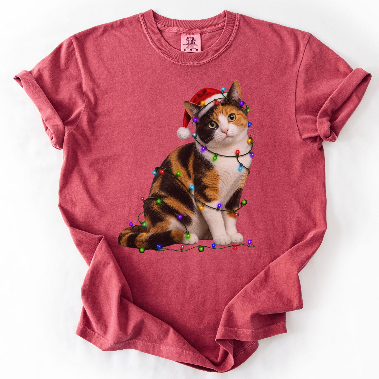Calico Cat Christmas Lights Shirt, Comfort Colors Holiday Cat Lover Tee