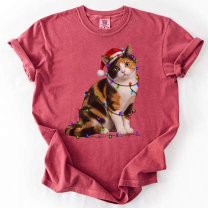 Calico Cat Christmas Lights Shirt, Comfort Colors Holiday Cat Lover Tee