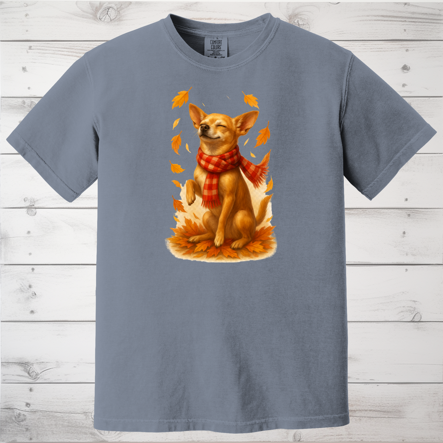 Chihuahua in Autumn Leaves T-shirt, Fall Dog Sweatshirt, Pet Lover Gift, Cozy Canine Apparel, Chihuahua in Scarf, Dog Mom Present