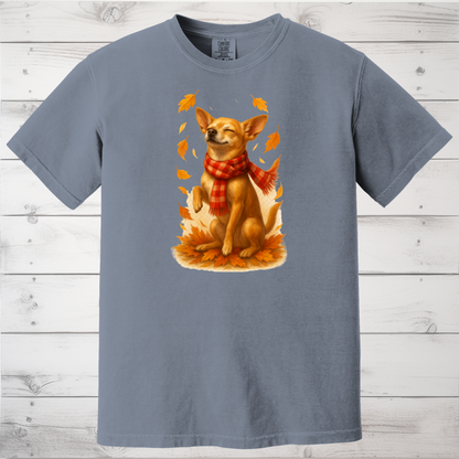 Chihuahua in Autumn Leaves T-shirt, Fall Dog Sweatshirt, Pet Lover Gift, Cozy Canine Apparel, Chihuahua in Scarf, Dog Mom Present