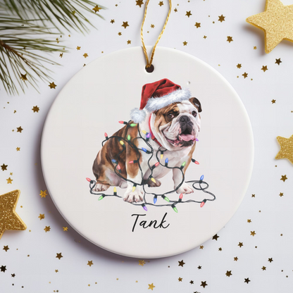 Personalized Bulldog Christmas Ornament, Ceramic Dog Lover Keepsake, Festive Lights Decoration