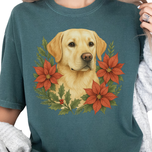Yellow Lab Christmas Shirt, Poinsettia Labrador Retriever Dog Mom Holiday Tee