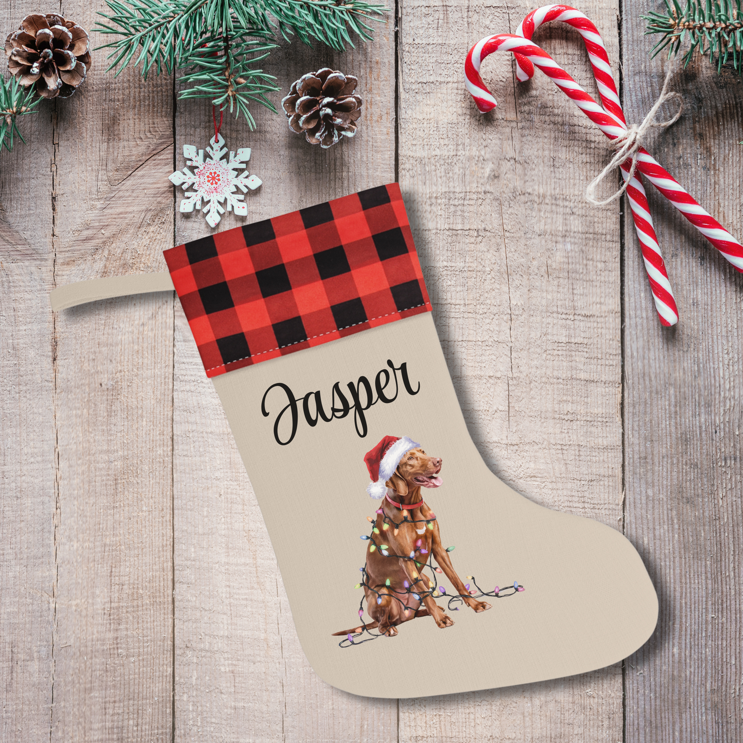 Personalized Vizsla Christmas Stocking, Holiday Decor Gift for Pet Lovers