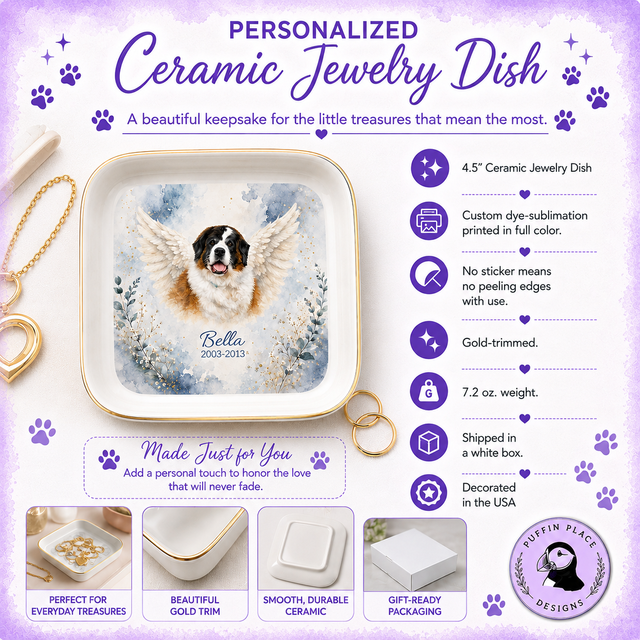 Personalized Pet Memorial Jewelry Dish, Custom Dog Remembrance Gift, Pet Loss Keepsake
