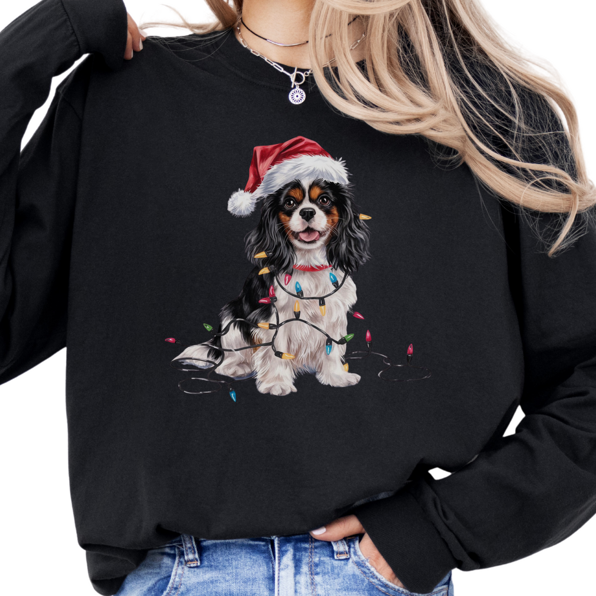 Tricolor Cavalier Christmas Long Sleeve Shirt, Comfort Colors Holiday Tee, Cavalier King Charles Spaniel Mom Gift