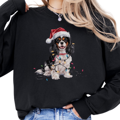 Tricolor Cavalier Christmas Long Sleeve Shirt, Comfort Colors Holiday Tee, Cavalier King Charles Spaniel Mom Gift