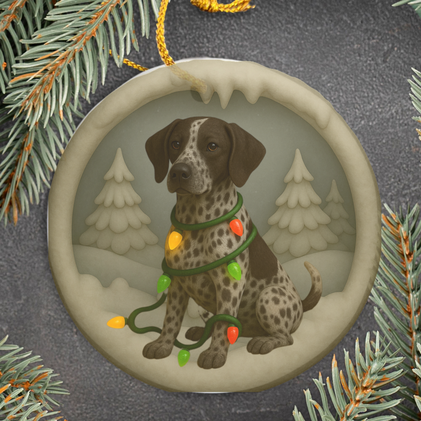Personalized Brown German Shorthaired Pointer Christmas Ornament, 3D Clay-Style Dog Keepsake with Lights