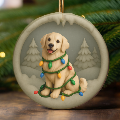 Personalized English Cream Golden Retriever Christmas Ornament, Custom Golden with Holiday Lights Keepsake